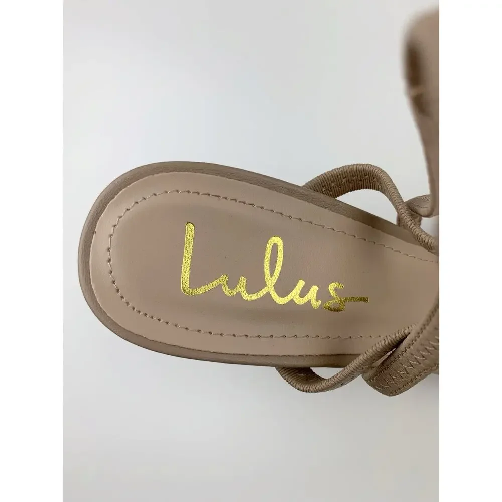 Lulus Babie Strappy High Heel Sandals Beige Faux Leather Women's 7.5 Neutral